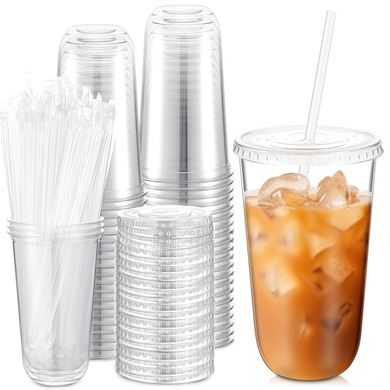 Ziliny 50 Sets Clear Plastic Cups with Lids and Straws Disposable Iced Coffee Cups Drinking PET for Cold Drinks Juice Smoothie Coffee Shops Party ChristmasClear18 oz